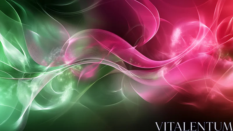 Neon energy ribbons cross luminous pink and green field.