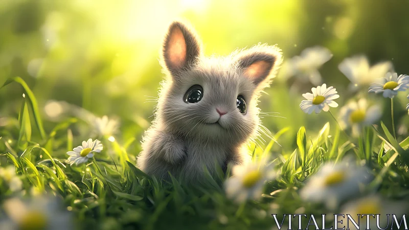 Cute cartoon bunny sitting in sunny meadow with daisies.