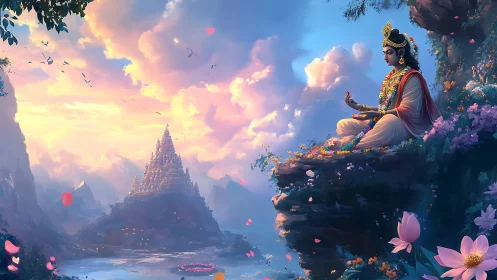 Meditating deity above valley temple at pastel sunset.