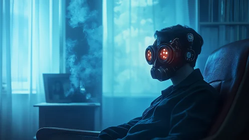 Masked figure with glowing respirator sits in blue-lit room