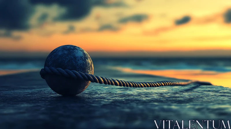 Tidal mooring sphere and coiled rope in shallow depth dusk scene.