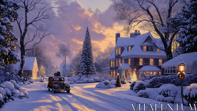 Snow-covered suburban street with vintage car at winter dusk