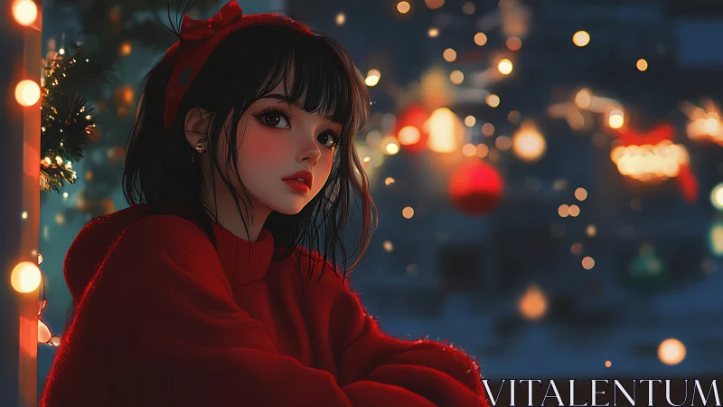 Holiday portrait of young woman in red amid festive bokeh lights