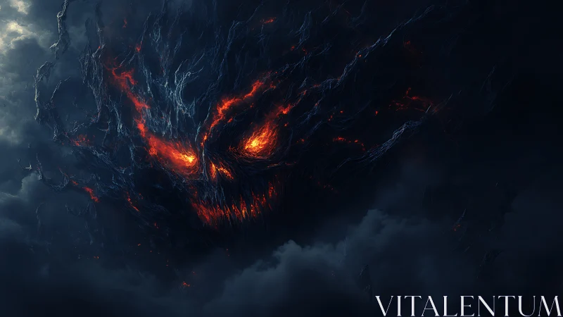 Volcanic storm entity with incandescent demonic visage emergent.