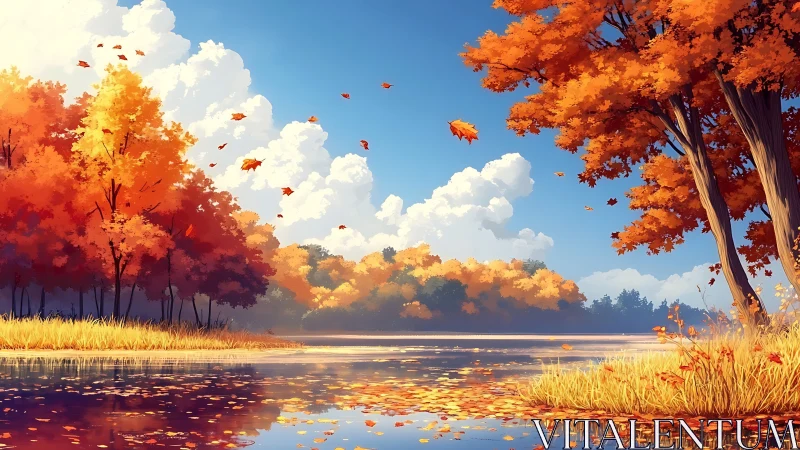 Bright autumn trees reflecting over calm lakeside water.