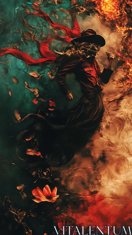 Surreal digital painting of drifting figure in fiery water.