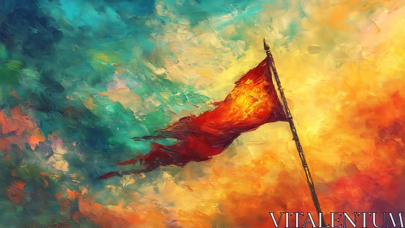 Crimson battle flag cuts through blazing abstract sky.
