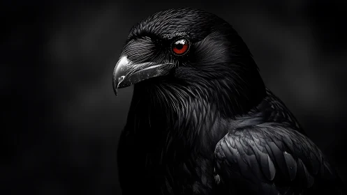 Black raven portrait shows red eye against deep shadow