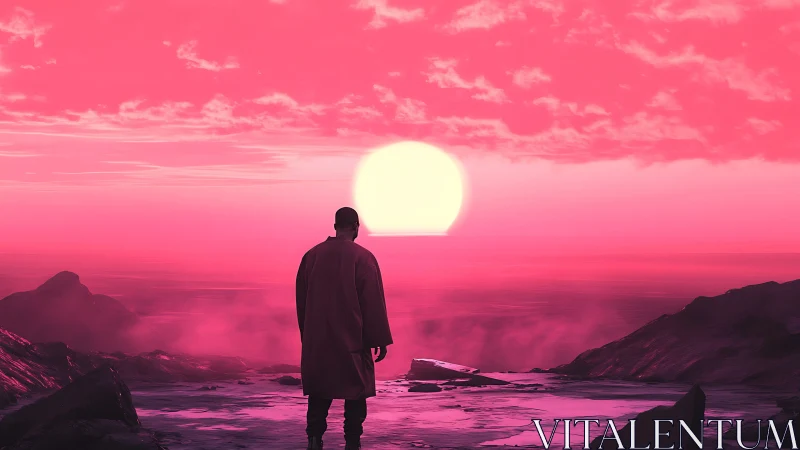 Solitary figure facing neon pink ocean sunset horizon.