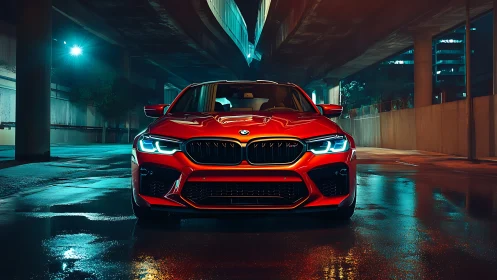 Midnight city streets meet a bold red sports sedan glow.