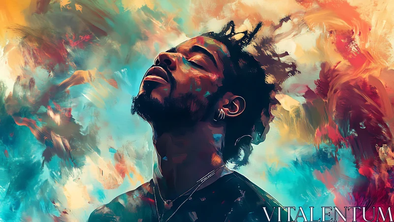 Digital portrait of man amid abstract multicolor background.