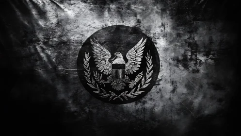 Grunge monochrome eagle emblem on circular black field.