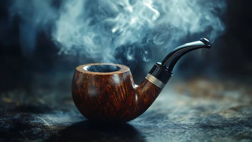 Smoldering briar tobacco pipe with swirling smoke plume.