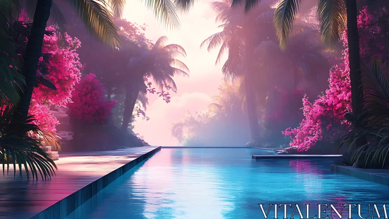 Tropical infinity pool under pastel sunset glow.