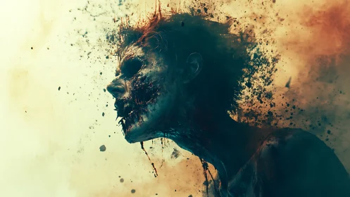 Decaying humanoid profile dissolving into ash and combustion haze