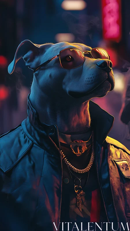Cool city dog in shades enjoys a neon lit night stroll