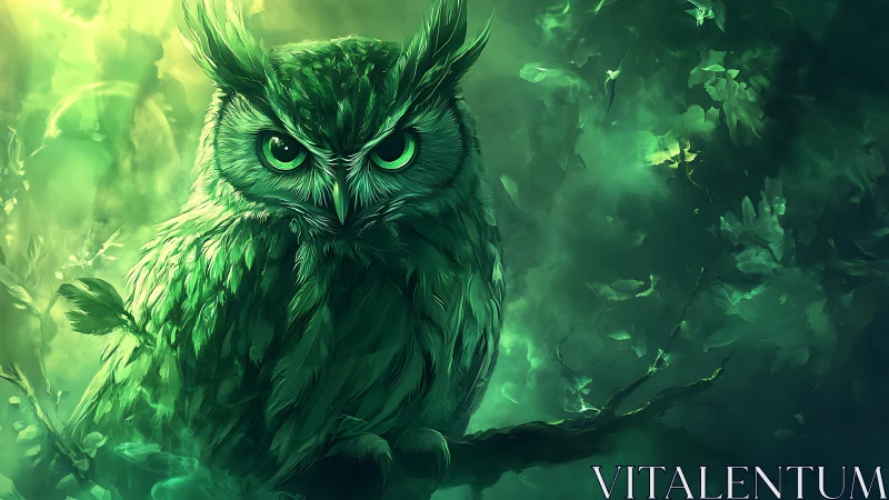 Majestic green owl in mystical forest, digital fantasy art style.