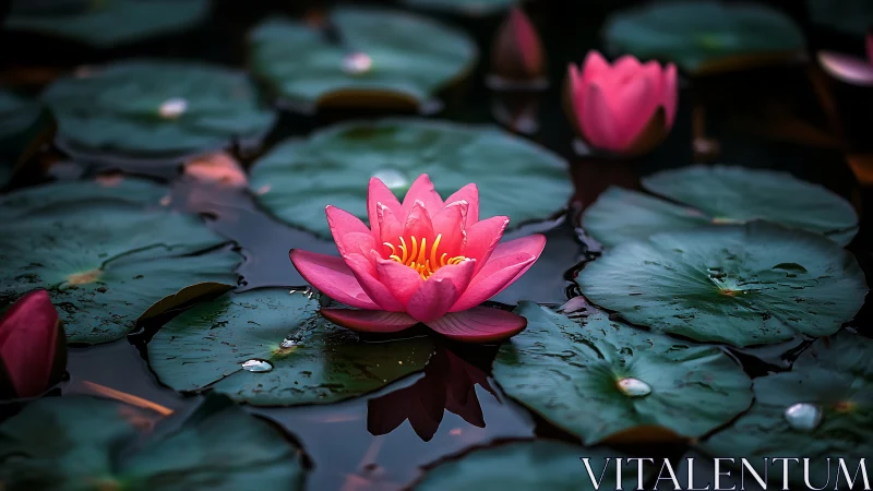 Pink water lily bloom surrounded by green aquatic vegetation.