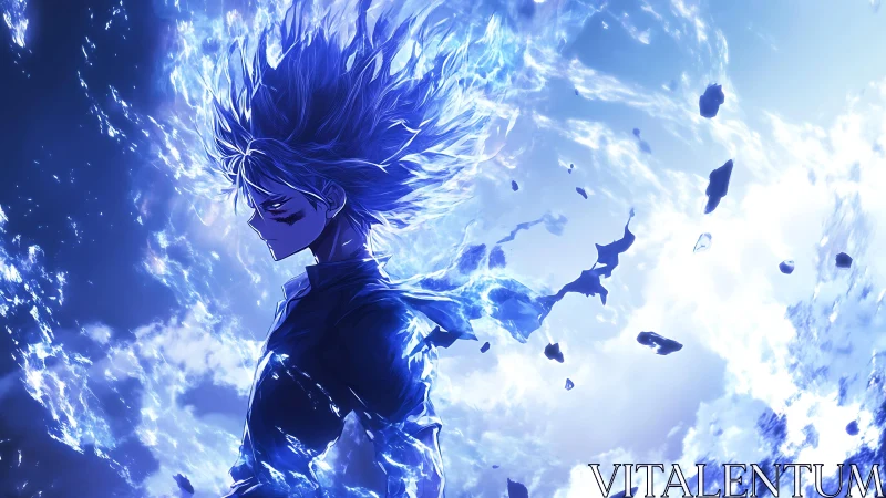 Anime energy avatar dissolving into radiant blue etheric field.
