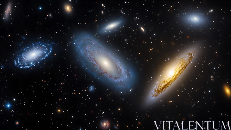 Spiral galaxies drift through dense starfield in deep space.