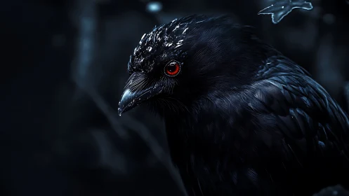 Hyperrealistic Black Raven With Crimson Eyes Rendered in Advanced 3D Graphics