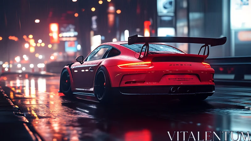 Neon drenched red supercar hunting the midnight rainstorm.