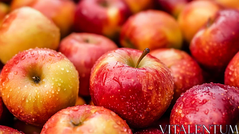 Close-up view of wet red and yellow apples in bulk arrangement.