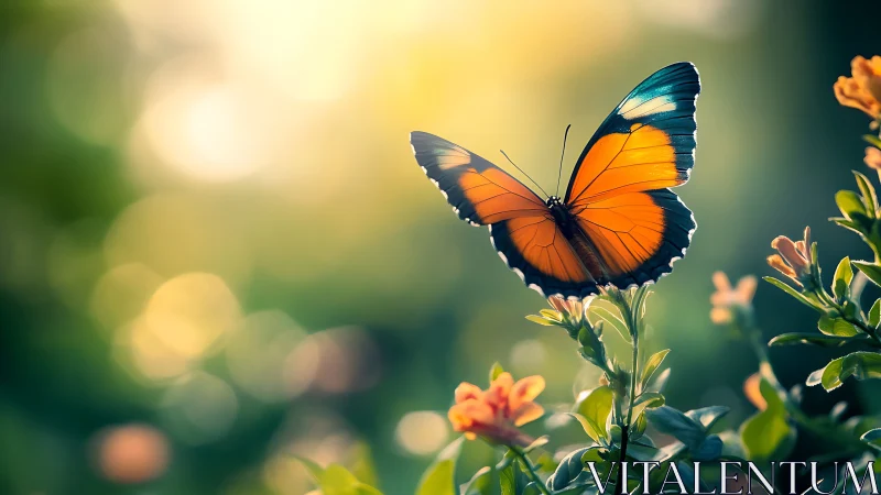 Butterfly rests on garden flowers in warm backlit sunlight