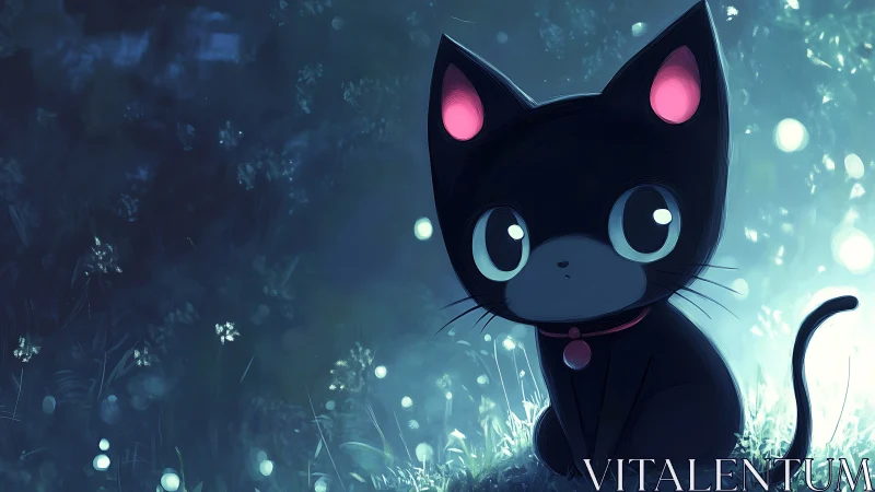 Sweet moonlit black kitten waiting softly in the grass.