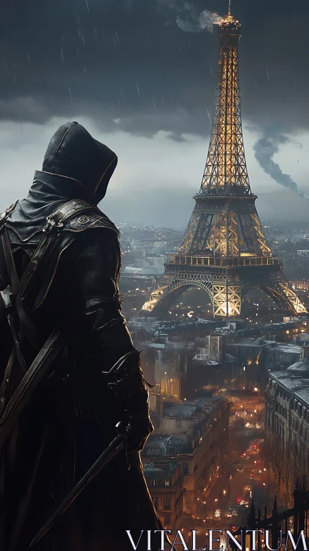 Midnight rogue broods over rain-slicked Parisian steel.