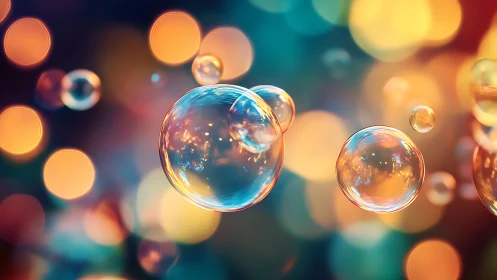 Translucent soap bubbles with bokeh spheres and chromatic reflections