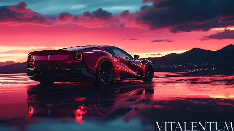 Crimson supercar drinks the neon sunset on mirrored asphalt