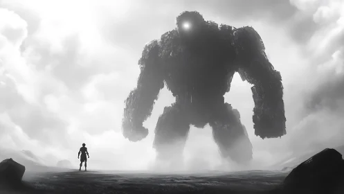 Colossal mist giant calmly meets a lone wandering hero