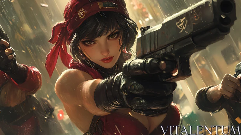 Digital painting of armed femme fatale in kinetic close-up framing.