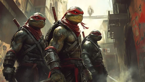 3D urban mutant warriors in cinematic alleyway composition.