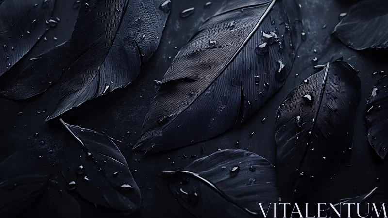 Wet black feathers arranged on dark ground with specular highlights