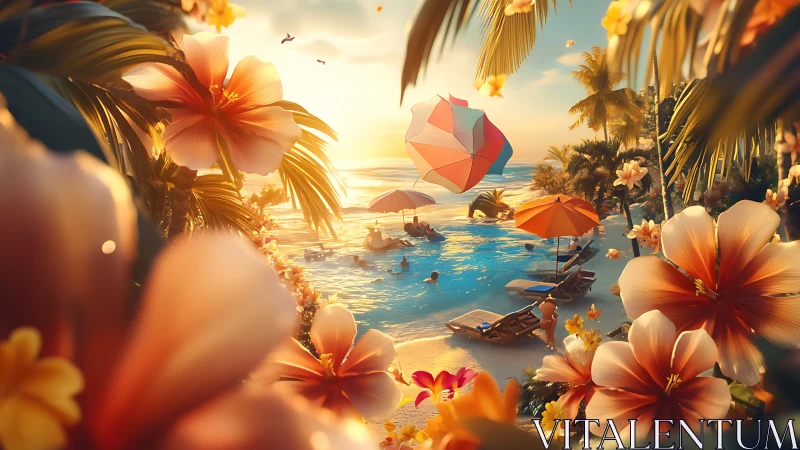 Tropical Beach Paradise with Exotic Flowers and Umbrellas