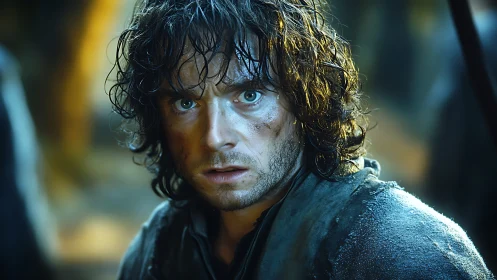 Battle worn warrior stares forward under cold cinematic light.