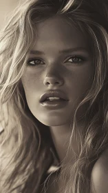 Monochrome close-up portrait of freckled woman, soft focus