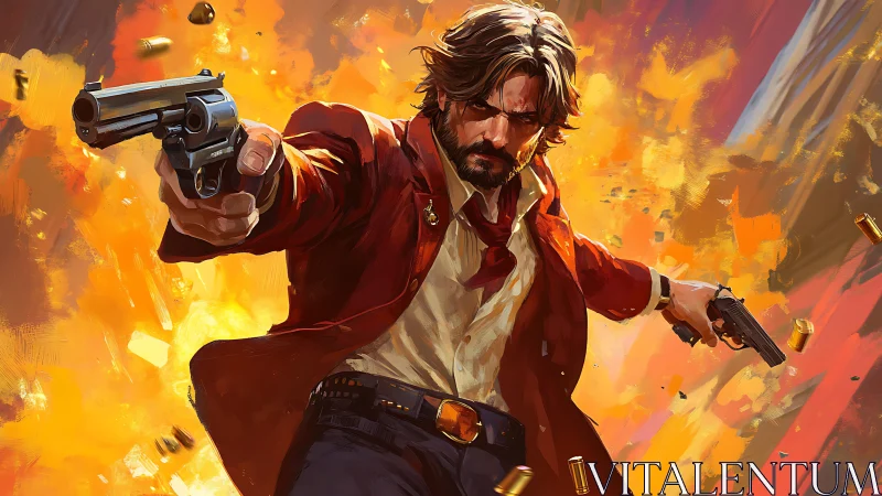 Gunfighter charges forward through blazing orange explosion