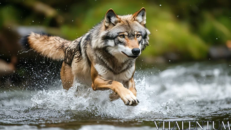 Wild wolf surges through shallow river in high-speed action capture