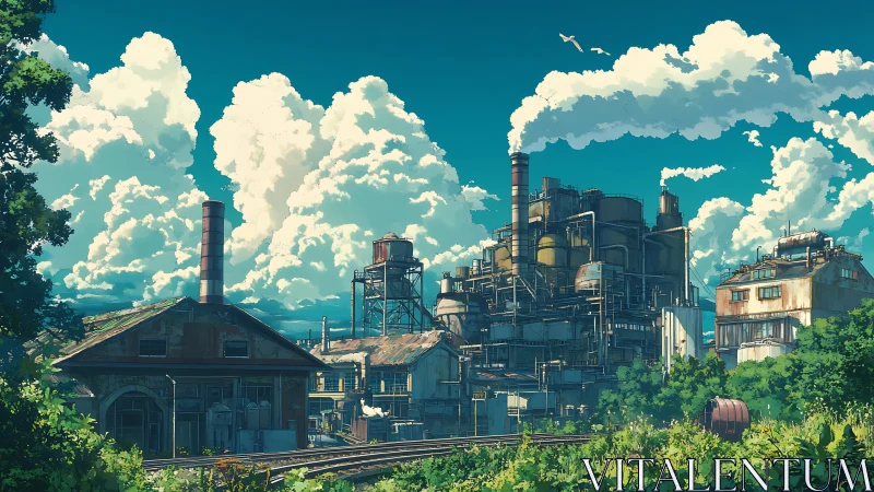 Sunlit factory skyline under drifting summer clouds.
