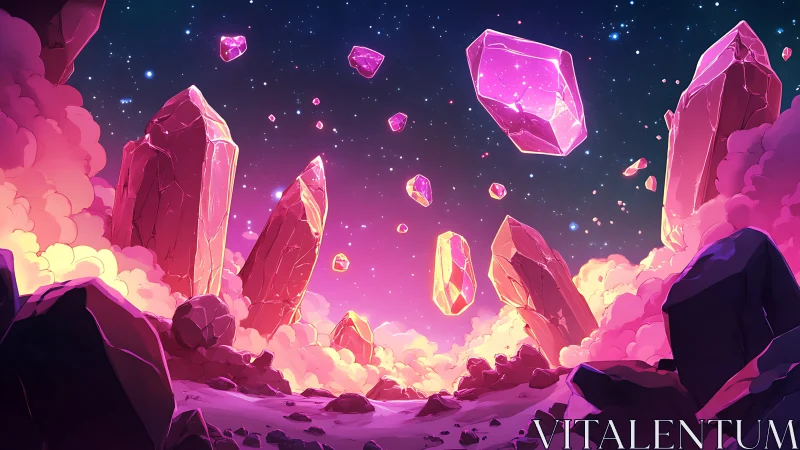 Glimmering pink crystals drift gently through a starry sky