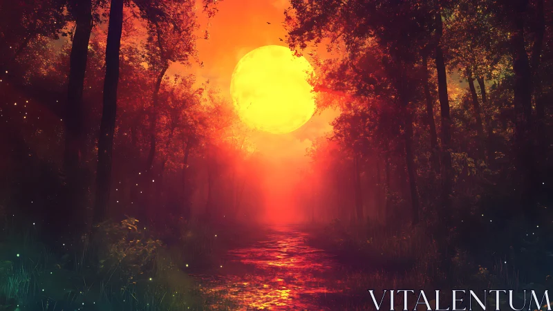 Digital forest scene presents large sun above reflective path