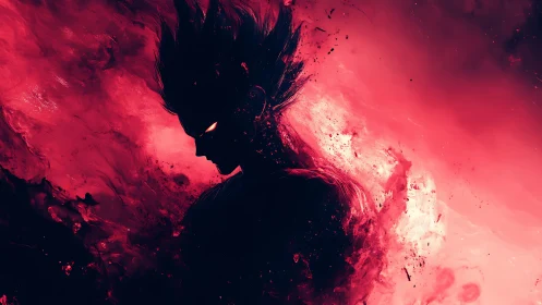 Fiery warrior silhouette stands inside a storm of crimson power