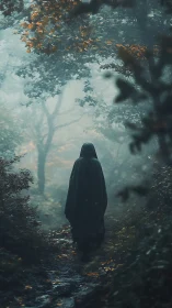 Cloaked lone figure walking down misty forest trail.
