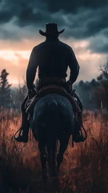 Lone cowboy riding home beneath a stormy sunset sky.