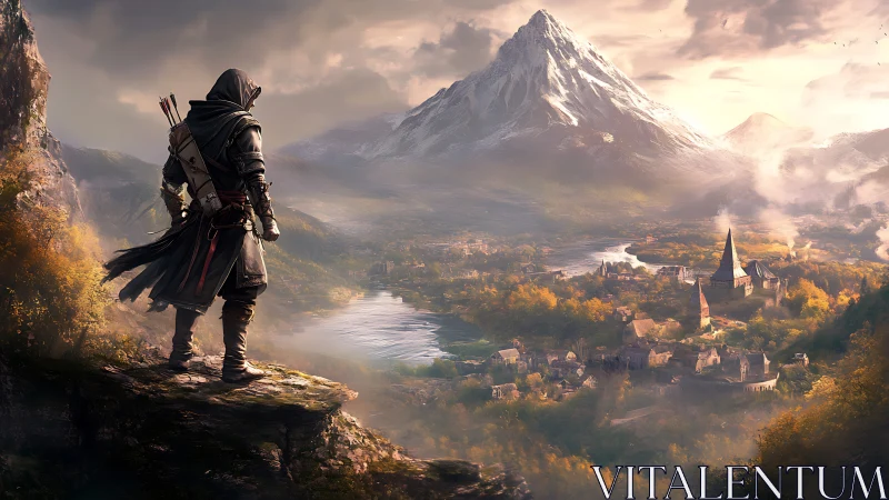 Hooded ranger surveys misty valley town beneath vast peak.