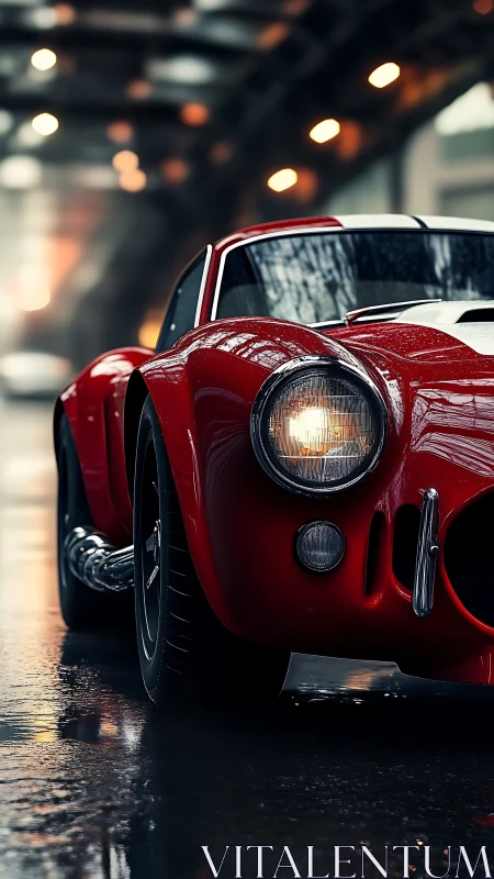 Red vintage sports car idles on wet city street at dusk
