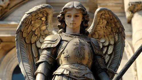 Gilded stone archangel statue in articulated plate armor.